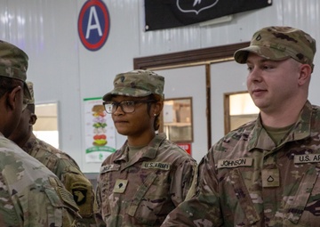 Operation SpartaCSMs Richardson and Trejo recognize Soldiers during battlefield circulation [Photo 4 of 8]n Shield