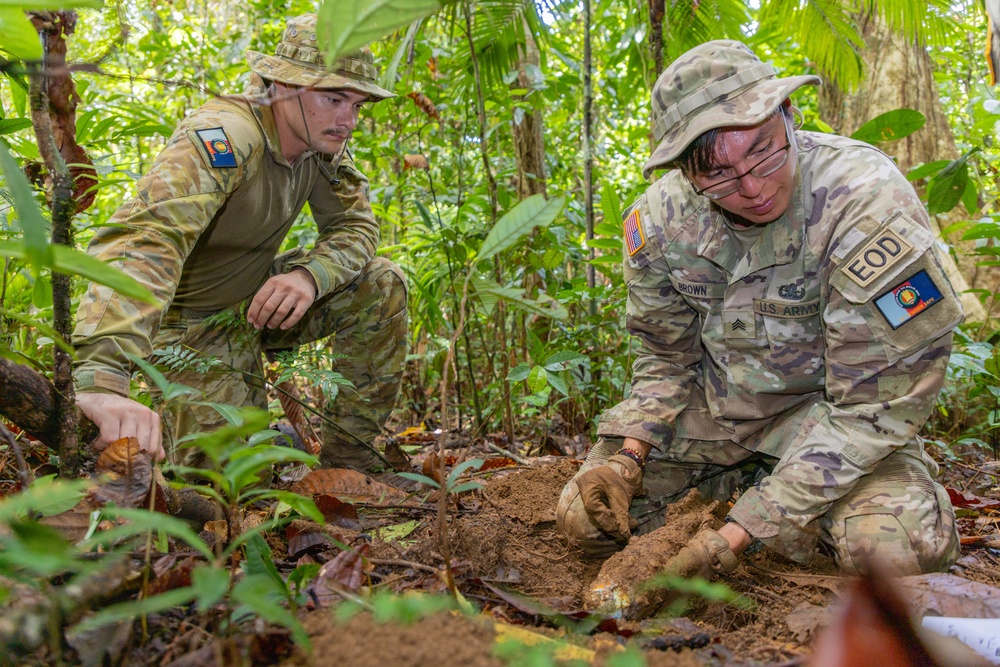 EOD team of joint service members conduct reconnaissance in Munda