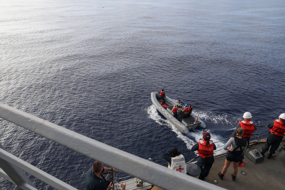 Sailors aboard the USS Howard conduct a small boat operation in the South China Sea