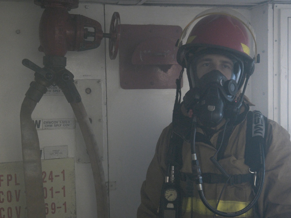 Coast Guard Cutter Northland crew members conduct damage control training in the Labrador Sea