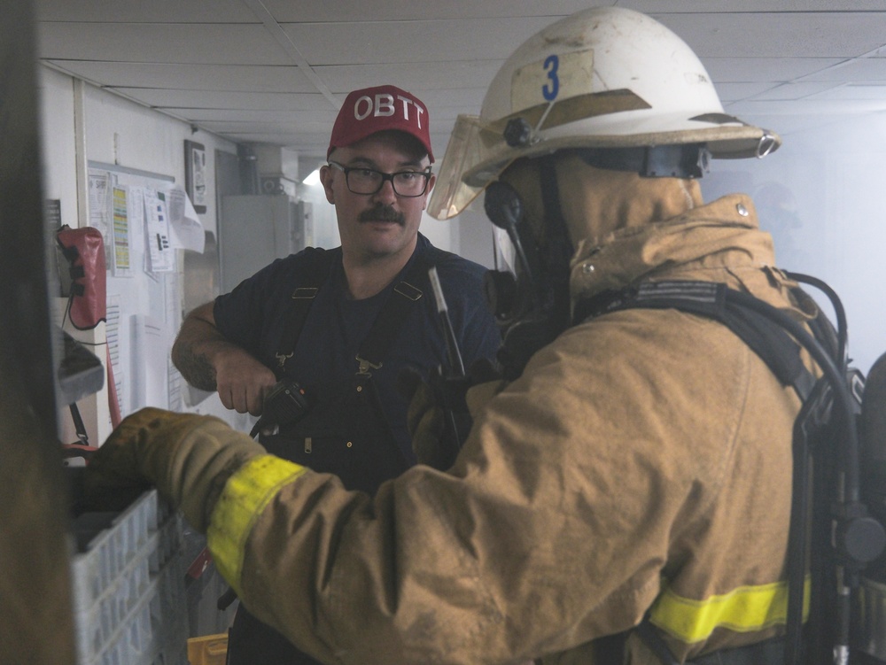 Coast Guard Cutter Northland crew members conduct damage control training in the Labrador Sea