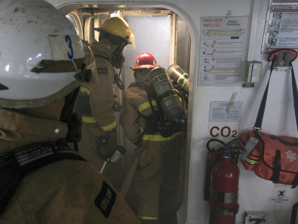 Coast Guard Cutter Northland crew members conduct damage control training in the Labrador Sea