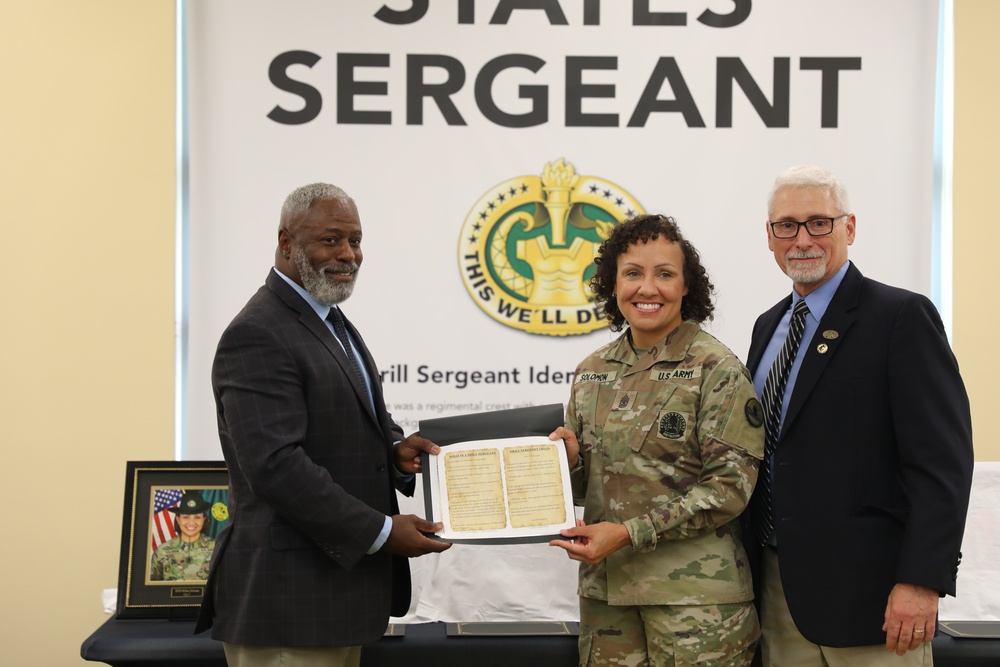 Sgt. Maj. Melissa Solomon, 84th Training Division G3/5/7 Sgt. Maj., receives her induction into the U.S. Army Drill Sergeant Hall of Fame