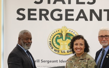 Sgt. Maj. Melissa Solomon, 84th Training Division G3/5/7 Sgt. Maj., receives her induction into the U.S. Army Drill Sergeant Hall of Fame