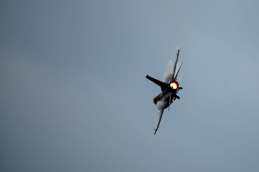 The Air Combat Command F-16 Viper Demonstration Team performs at the 2024 Sanicole International Airshow