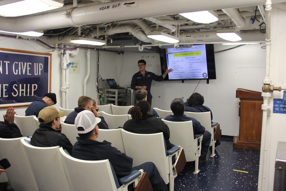 USS Lake Erie (CG 70) holds damage control training in the Northern Pacific Ocean