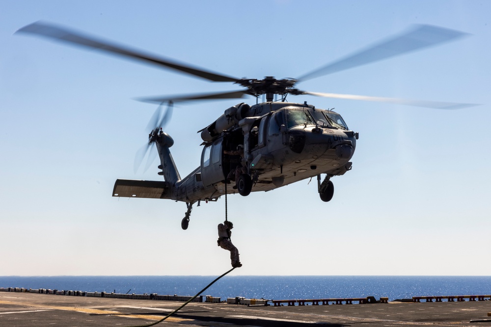 BLT 1/8, 24th MEU (SOC) Helo Fast Rope on USS Wasp (LHD 1)