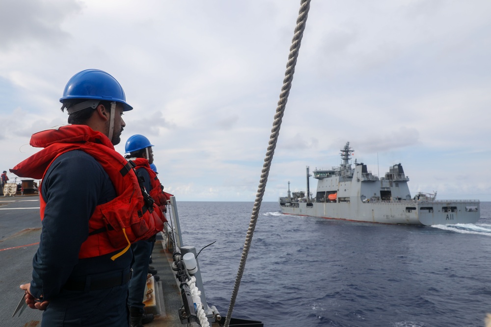 Sailors aboard the USS Howard conduct a replenishment-at-sea with the HMNZS Aotearoa in the South China Sea