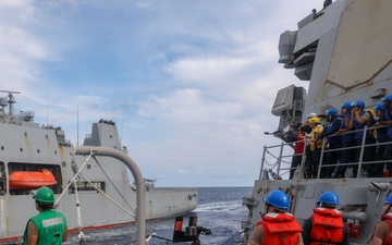 Sailors aboard the USS Howard conduct a replenishment-at-sea with the HMNZS Aotearoa in the South China Sea