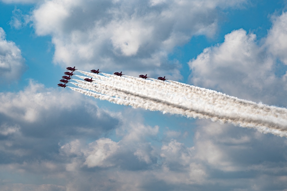 RAF Red Arrows perform aerial display over RAF Mildenhall