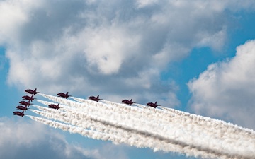 RAF Red Arrows perform aerial display over RAF Mildenhall