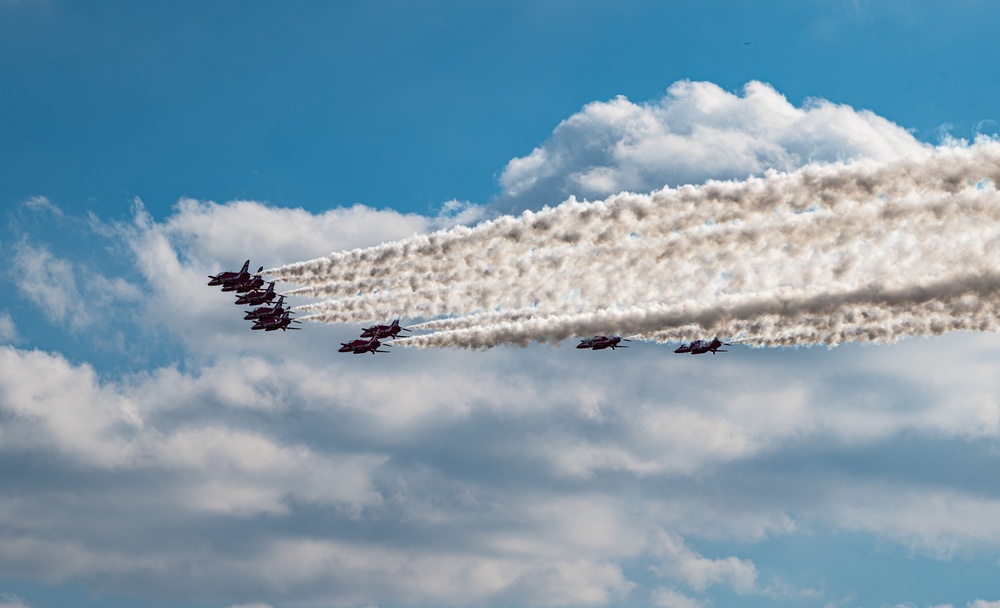 RAF Red Arrows perform aerial display over RAF Mildenhall