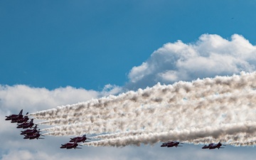 RAF Red Arrows perform aerial display over RAF Mildenhall