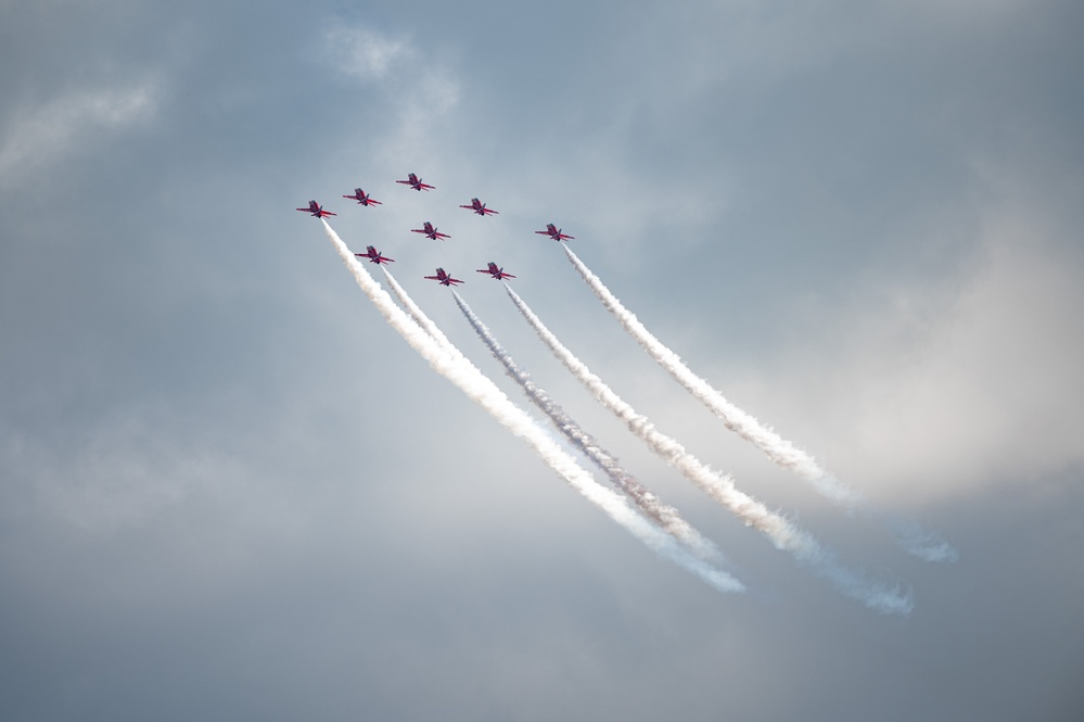 RAF Red Arrows perform aerial display over RAF Mildenhall