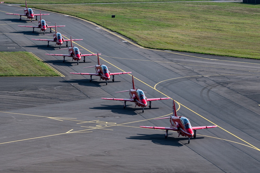 RAF Red Arrows perform aerial display over RAF Mildenhall