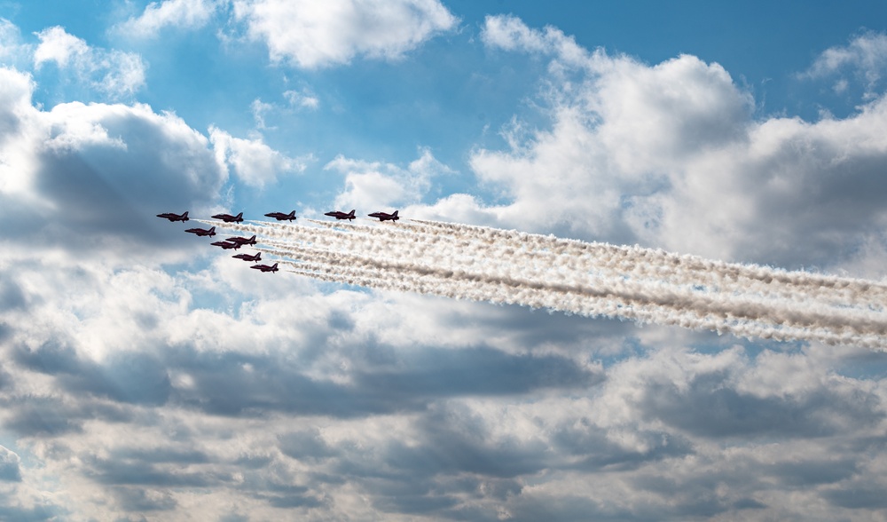 RAF Red Arrows perform aerial display over RAF Mildenhall