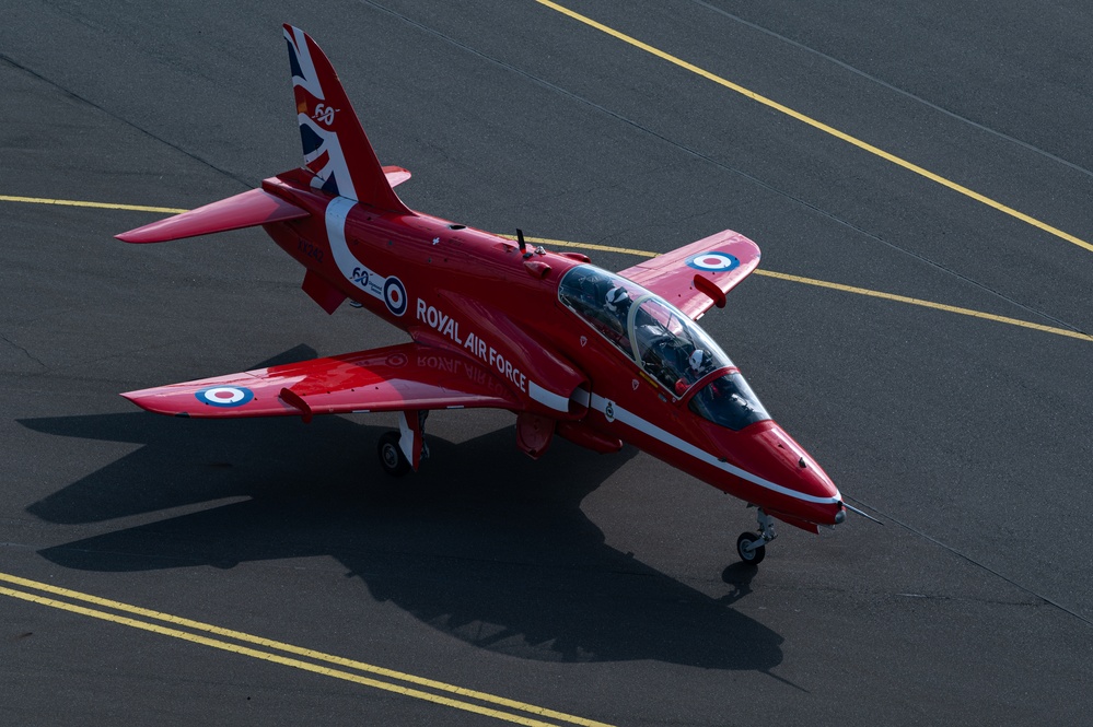 RAF Red Arrows perform aerial display over RAF Mildenhall