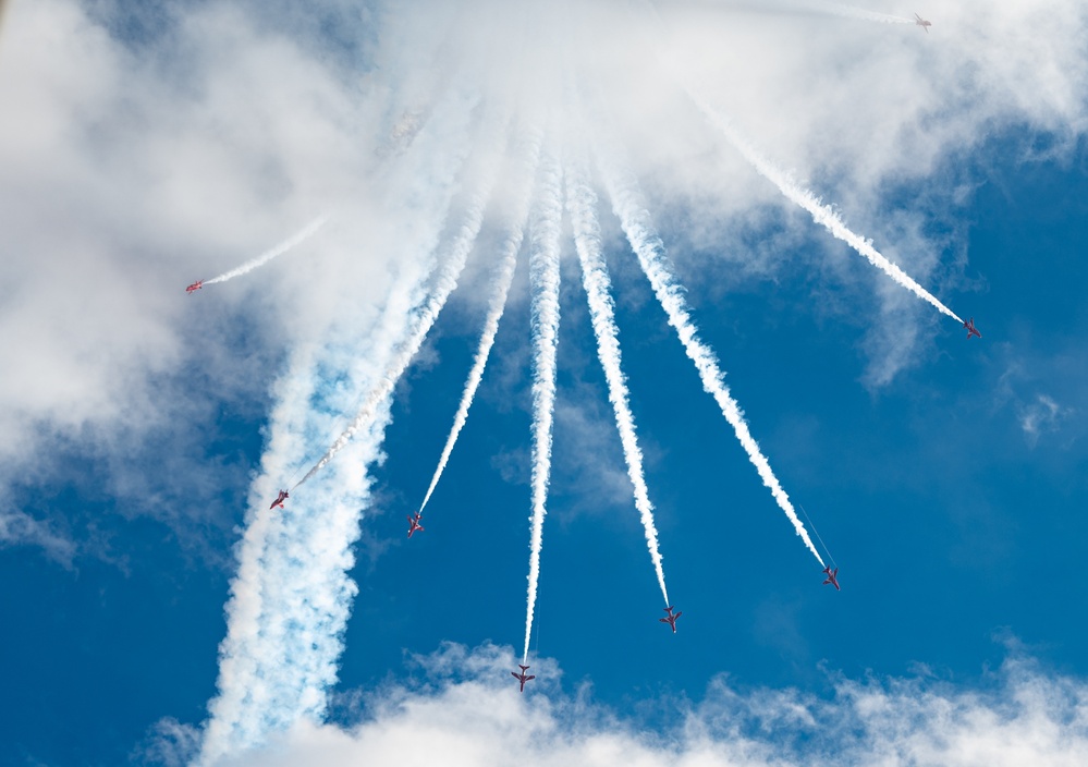 RAF Red Arrows perform aerial display over RAF Mildenhall