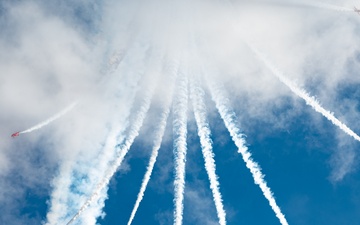 RAF Red Arrows perform aerial display over RAF Mildenhall