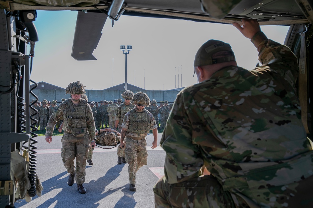 British soldiers assigned to the NATO-led KFOR mission conducted training to test various procedures for medical support to operations on Camp Bondsteel, Kosovo, Sept. 28, 2024.