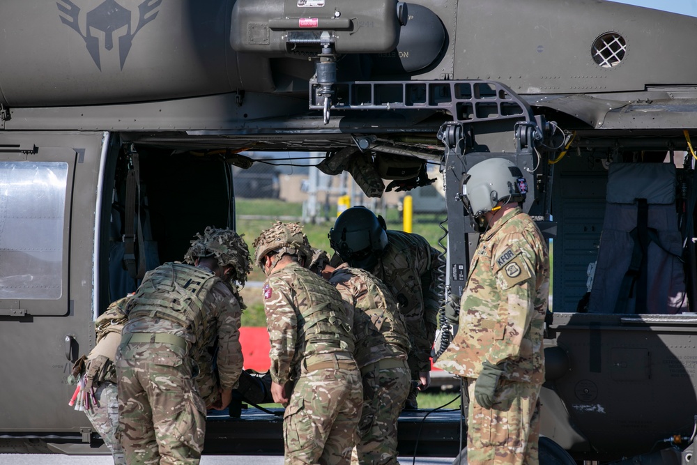 British soldiers assigned to the NATO-led KFOR mission conducted training to test various procedures for medical support to operations on Camp Bondsteel, Kosovo, Sept. 28, 2024.