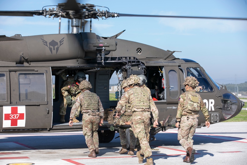 British soldiers assigned to the NATO-led KFOR mission conducted training to test various procedures for medical support to operations on Camp Bondsteel, Kosovo, Sept. 28, 2024.