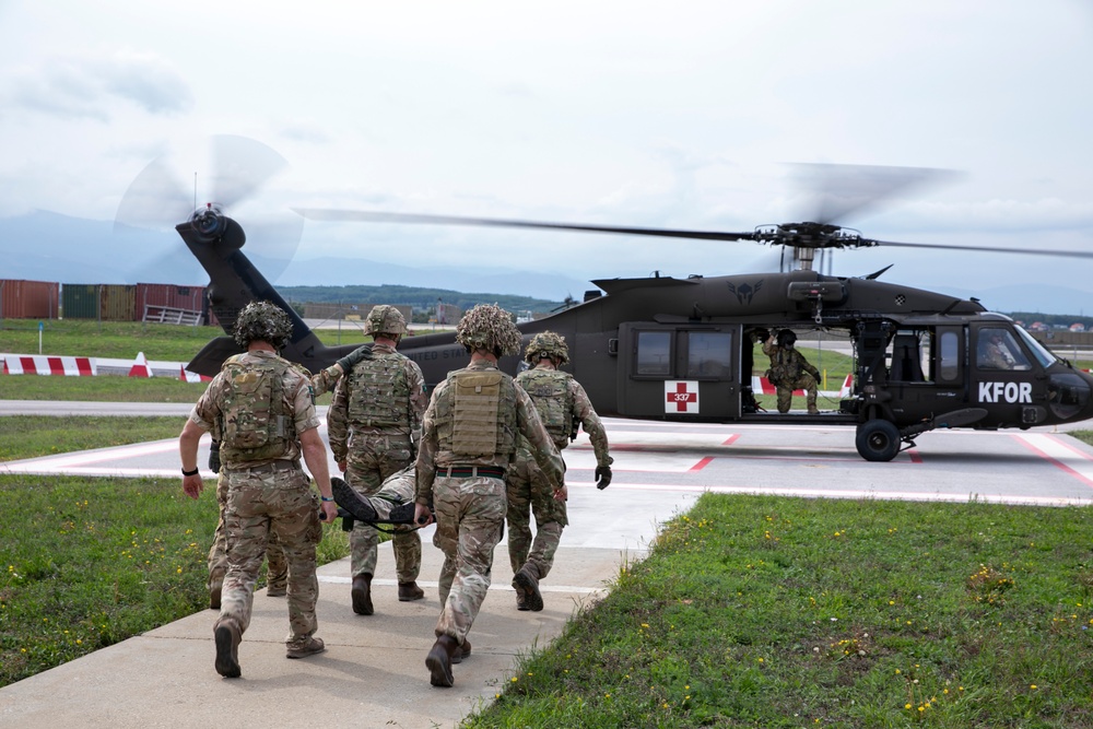 British soldiers assigned to the NATO-led KFOR mission conducted training to test various procedures for medical support to operations on Camp Bondsteel, Kosovo, Sept. 19, 2024