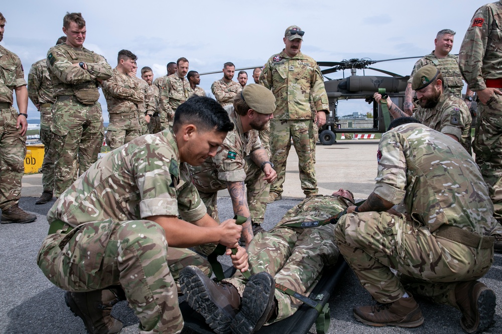 British soldiers assigned to the NATO-led KFOR mission conducted training to test various procedures for medical support to operations on Camp Bondsteel, Kosovo, Sept. 19, 2024.