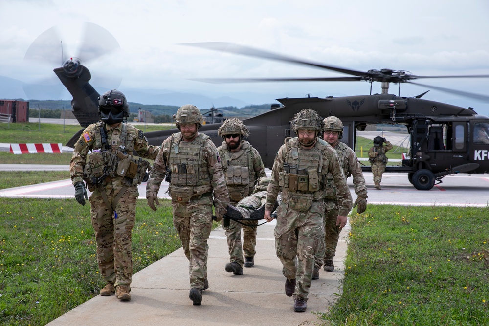 British soldiers assigned to the NATO-led KFOR mission conducted training to test various procedures for medical support to operations on Camp Bondsteel, Kosovo, Sept. 19, 2024.