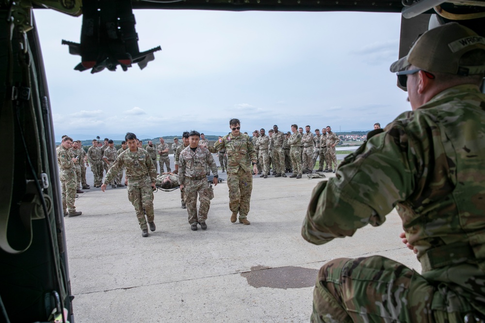 British soldiers assigned to the NATO-led KFOR mission conducted training to test various procedures for medical support to operations on Camp Bondsteel, Kosovo, Sept. 19, 2024.