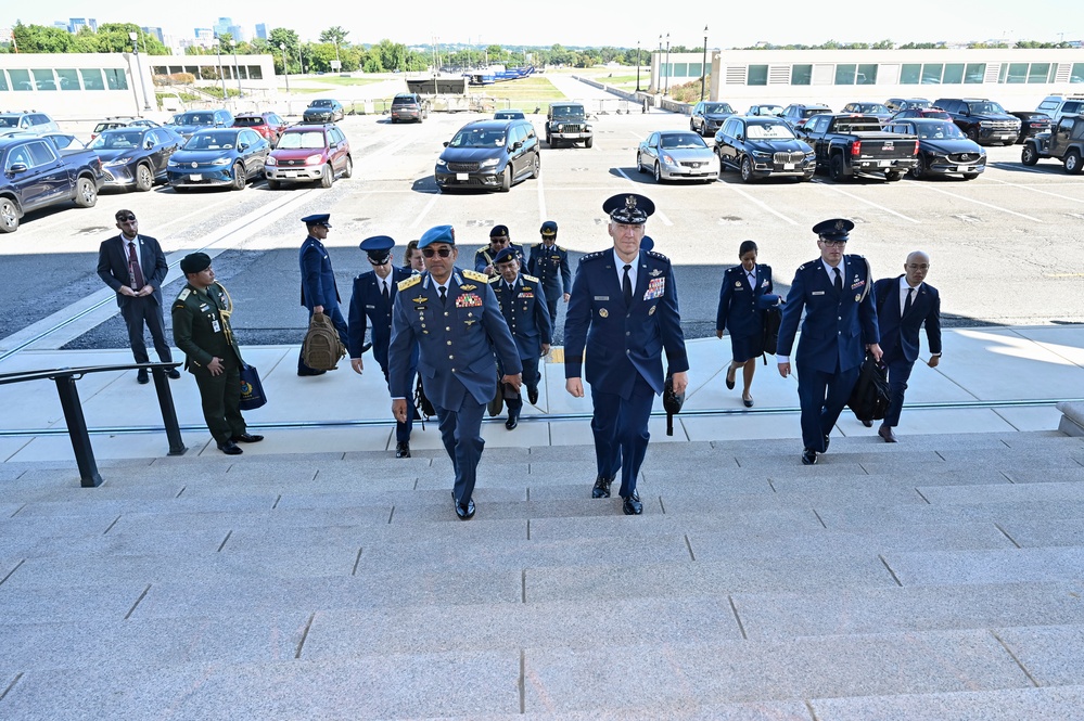 CSAF Allvin helicopter arrival with Malaysia Gen. Asghar Khan