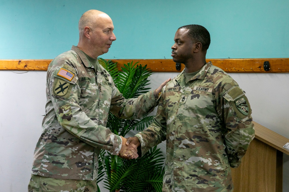 The Commanding General of the Georgia Army National Guard, Brig. Gen. Jason Fryman, and The Georgia Army National Guard State Command Sergeant Major Command Sgt. Maj. John Ballenger, visited 48th IBCT soldiers at Camp Film City, Kosovo.