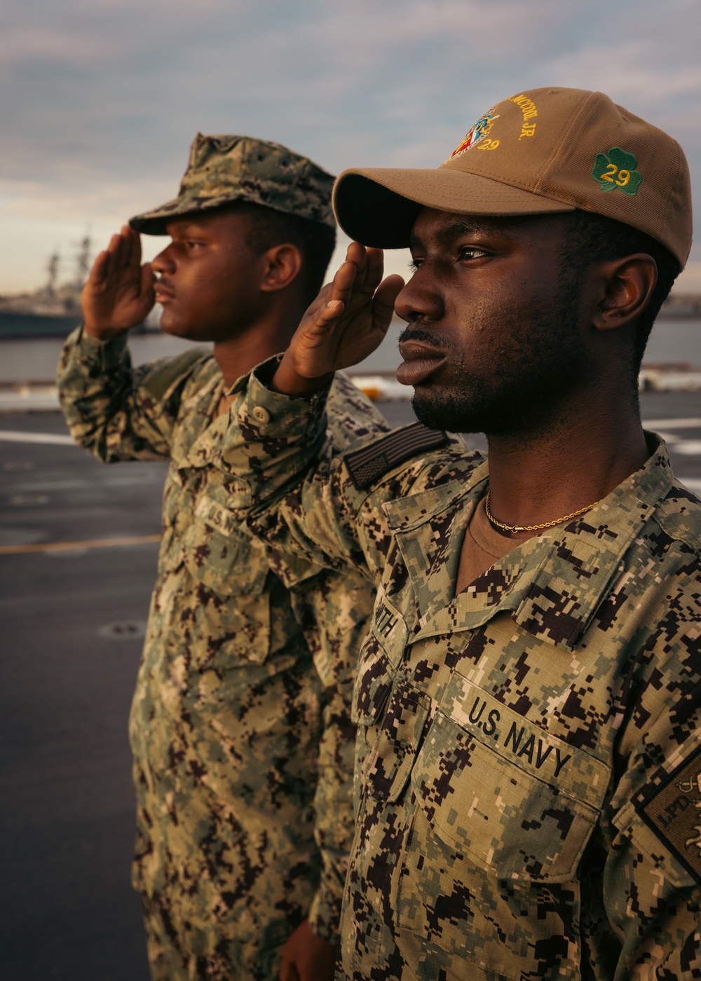 USS Richard M. McCool, Jr. (LPD 29) Participates in Morning Colors
