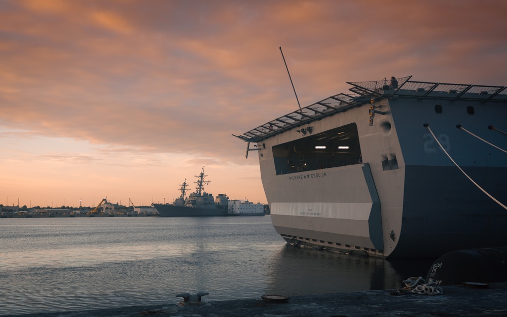 USS Richard M. McCool, Jr. (LPD 29) Participates in Morning Colors