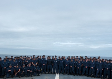 Coast Guard Cutter Northland crew members pose for group photo