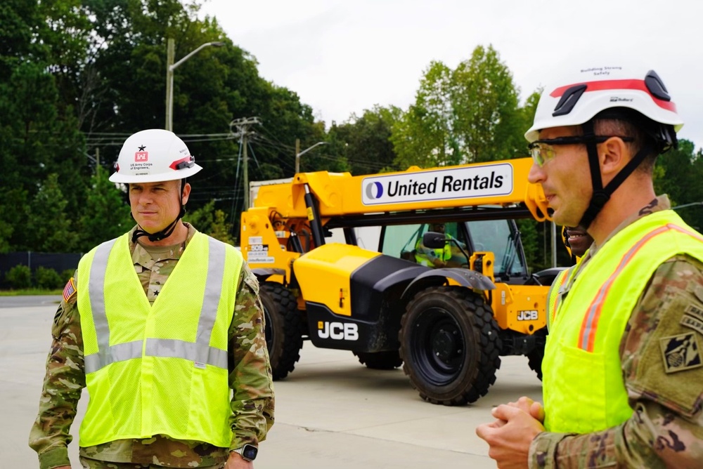 USACE SAD Commander, Brig. Gen. Daniel Hibner, visits a Generator Staging base in Charlotte, NC and recognizes members of the team for their exemplary work in Hurricane Helene relief efforts.