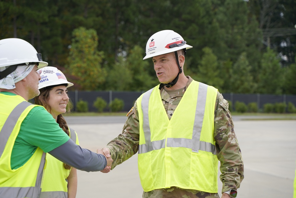 USACE SAD Commander, Brig. Gen. Daniel Hibner, visits a Generator Staging base in Charlotte, NC and recognizes members of the team for their exemplary work in Hurricane Helene relief efforts.