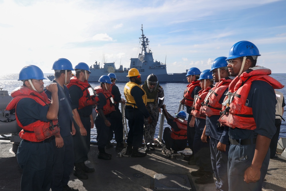 Sailors aboard the USS Howard conduct a passenger transfer with sailors from the HMAS Sydney V in the South China Sea