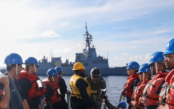 Sailors aboard the USS Howard conduct a passenger transfer with sailors from the HMAS Sydney V in the South China Sea