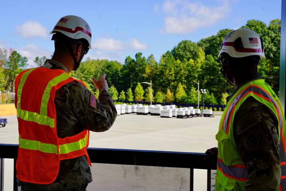 USACE Wilmington District Commander, Col. Brad Morgan visits the Generator Staging Base in Charlotte, NC.