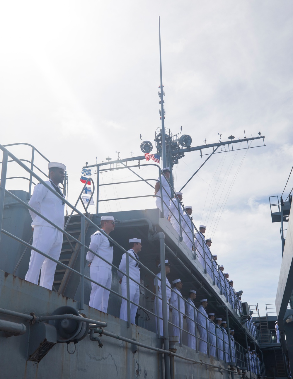 Emory S. Land Sailors Man the Rails During Arrival to Guam