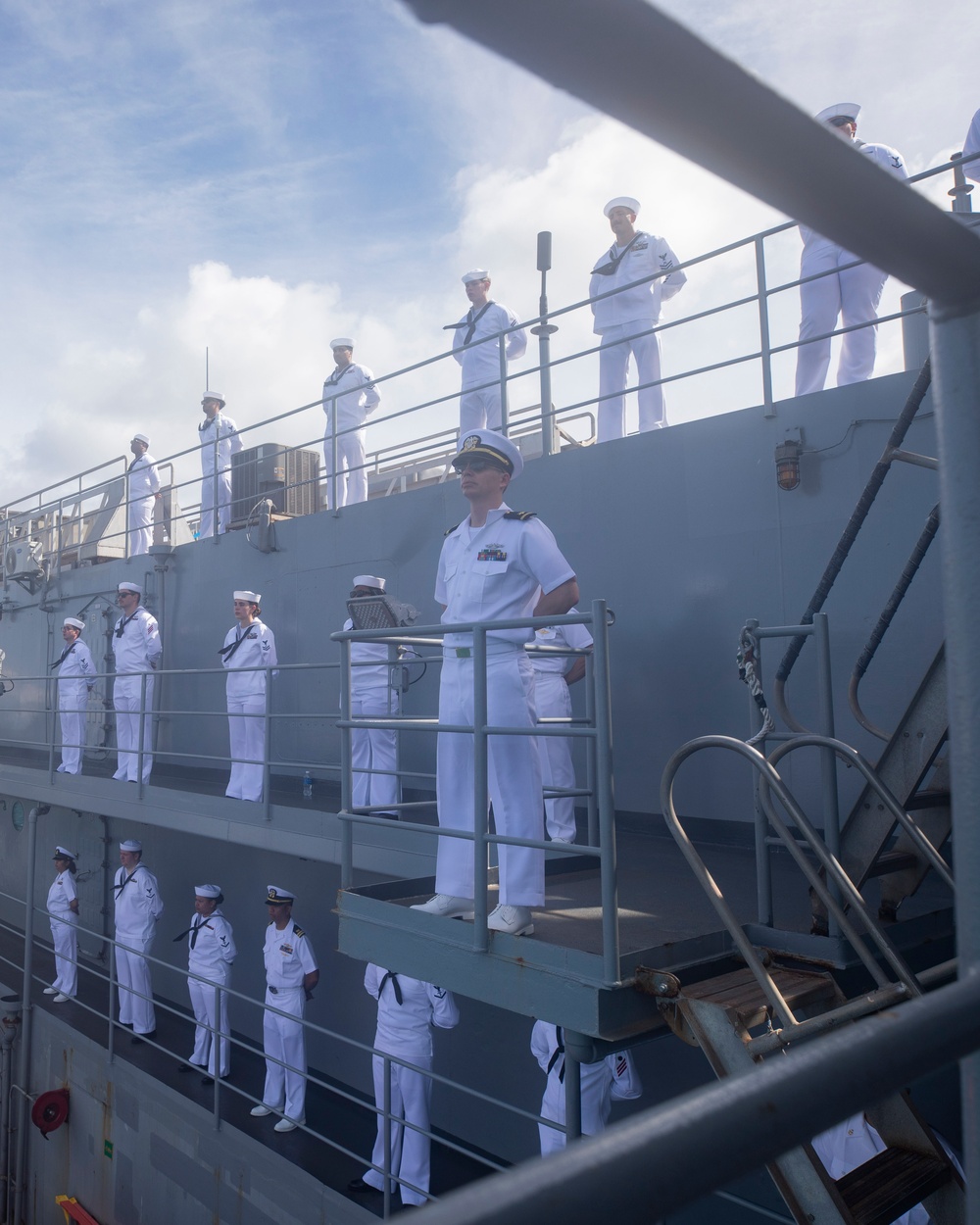 Emory S. Land Sailors Man the Rails During Arrival to Guam