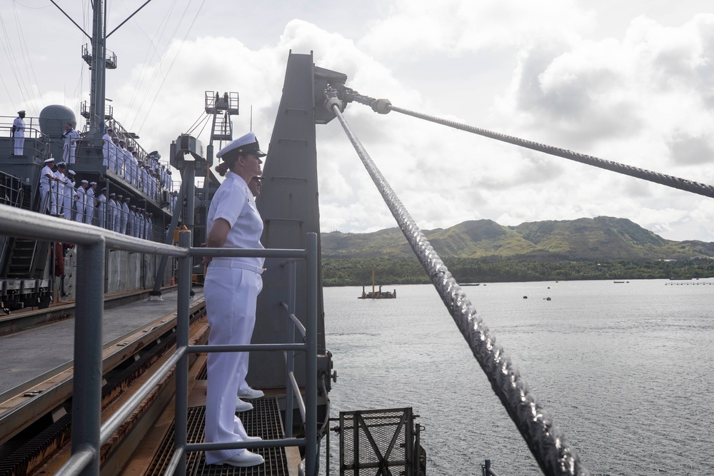 Emory S. Land Sailors Man the Rails During Arrival to Guam