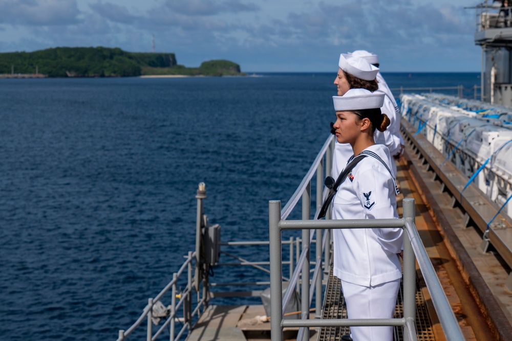 Emory S. Land Sailors Man the Rails During Arrival to Guam