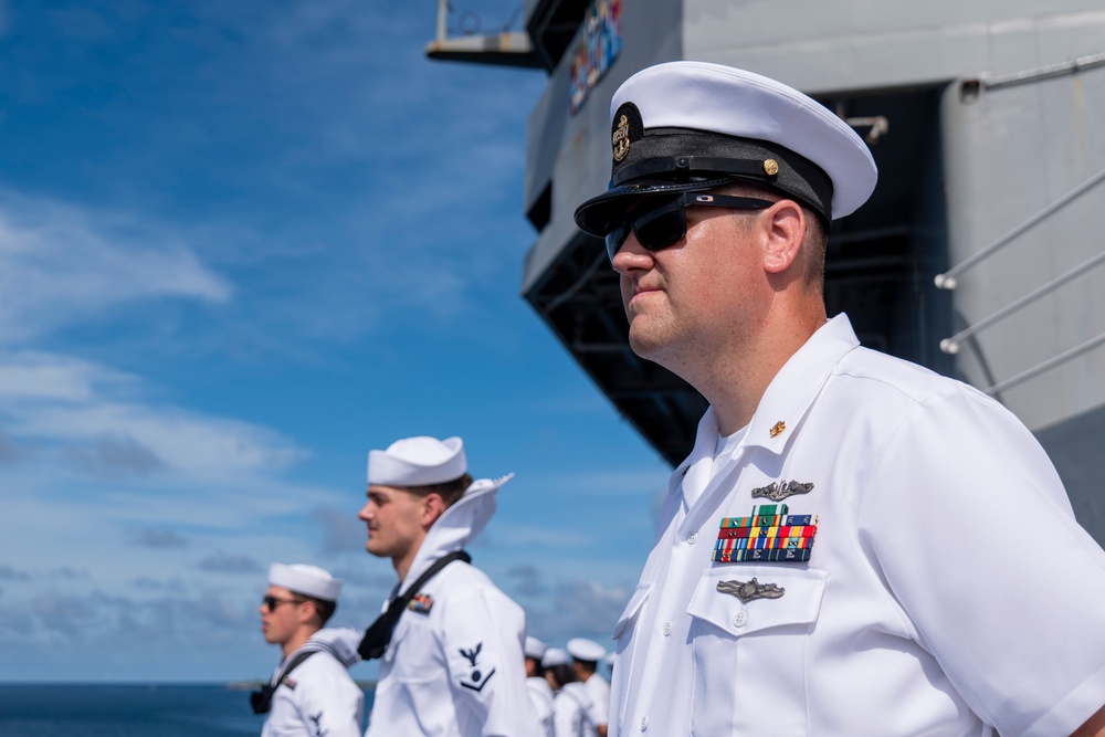 Emory S. Land Sailors Man the Rails During Arrival to Guam