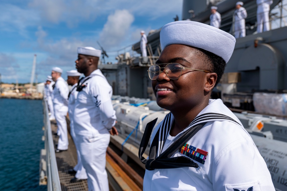 Emory S. Land Sailors Man the Rails During Arrival to Guam