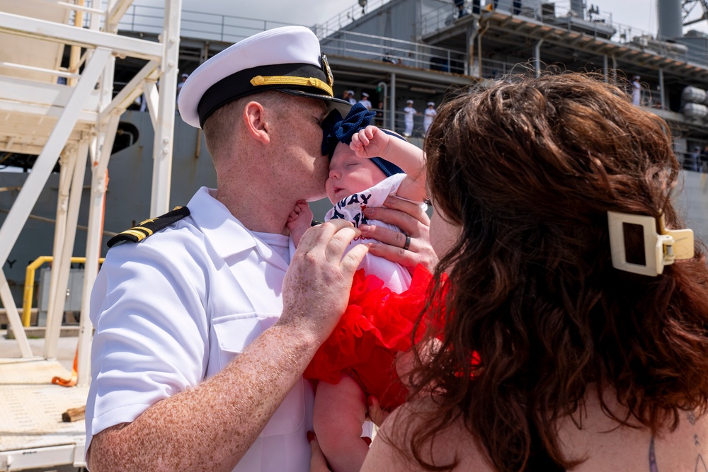 Emory S. Land Sailors Man the Rails During Arrival to Guam