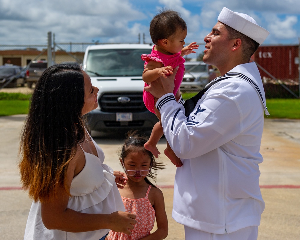 Emory S. Land Sailors Man the Rails During Arrival to Guam