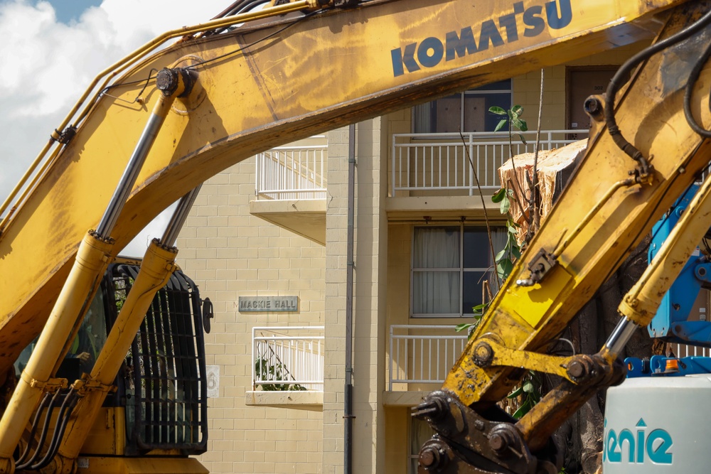 Out With The Old, In With The New: Construction workers prepare to demolish the Mackie Hall barracks