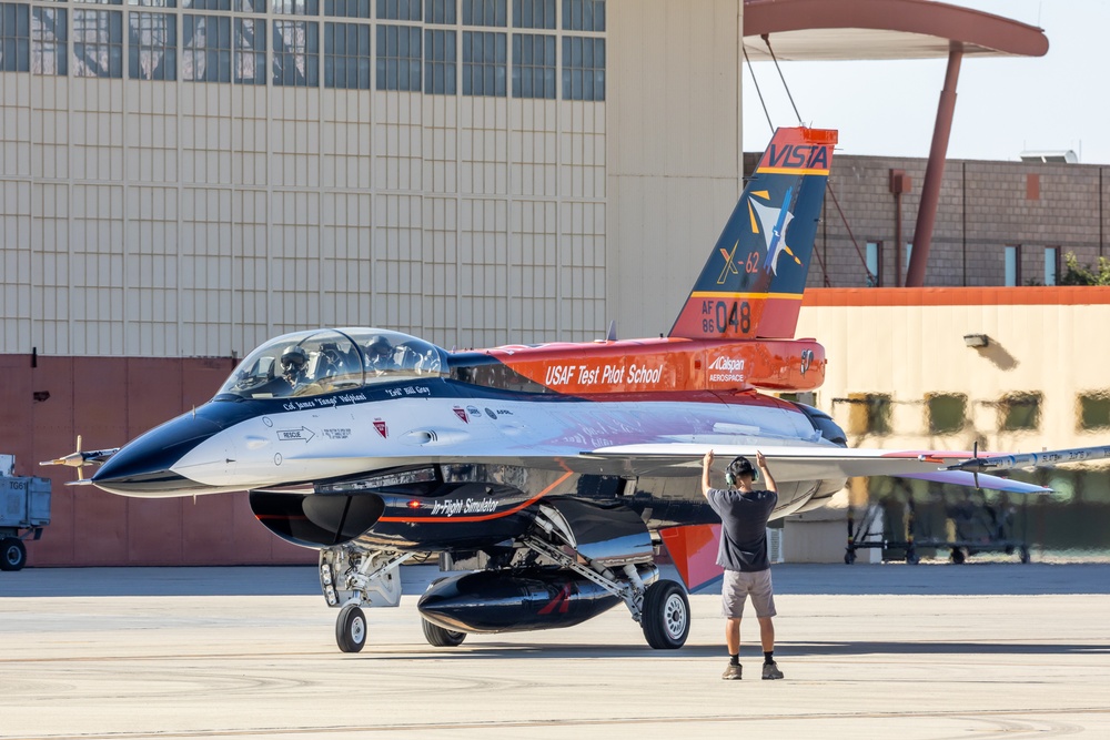 The Commander of the 412th Test Wing flies in the X-62A VISTA